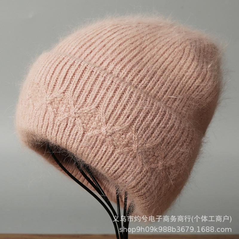 Autumn and Winter New Rabbit Fur Knitted Hat Warm Thickened Large Head Circumference Plush Ear Protection Wool Hat Women's Versatile Leisure