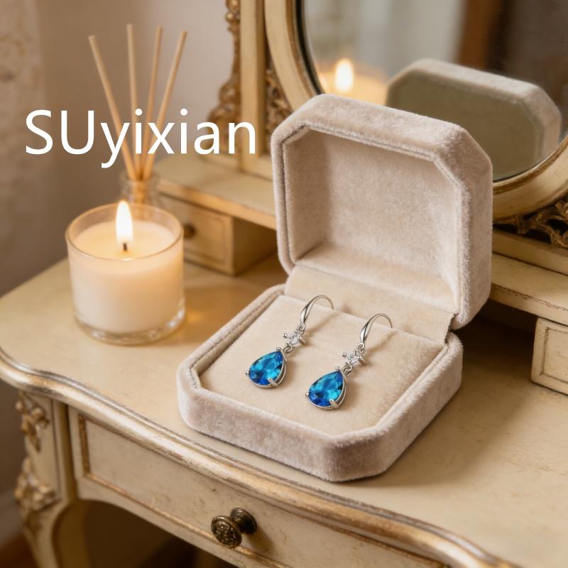 925 Sterling Silver Stylish Sweet Blue Crystal Zircon Water Drop Earrings Birthday Party Anniversary Gift Daily Wear синий