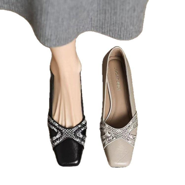 French Soft Leather Light Mouth Single Shoes Spring New Niche Snake Pattern Square Head Thick Heel Small Leather Shoes