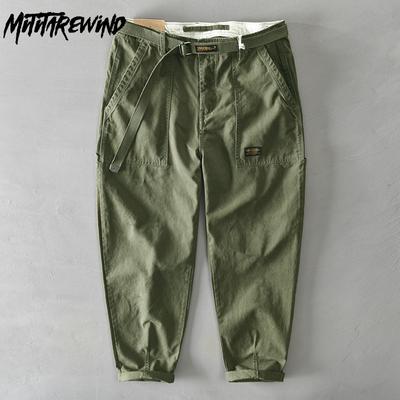 Amerikansk Retro Stil Cargo Byxor Herr Ungdom Mode Streetwear Herr Byxor Ren Bomull Raka Baggy Byxor med Bälte Casual Byxor