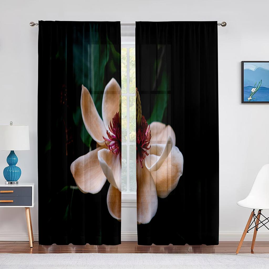 Weißer transparenter Vorhang mit Magnolienblumenmuster für Wohnzimmer, Küche, Fenster, Schlafzimmer, Dekoration, Blumen-Voile, zum Aufhängen, eleganter Tüllvorhang
