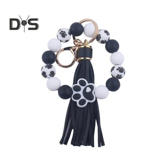 

Силиконовый браслет с бусинами, брелок с рисунком собачьей лапки, наручный брелок с кисточкой из искусственной кожи, подвеска-брелок чёрный