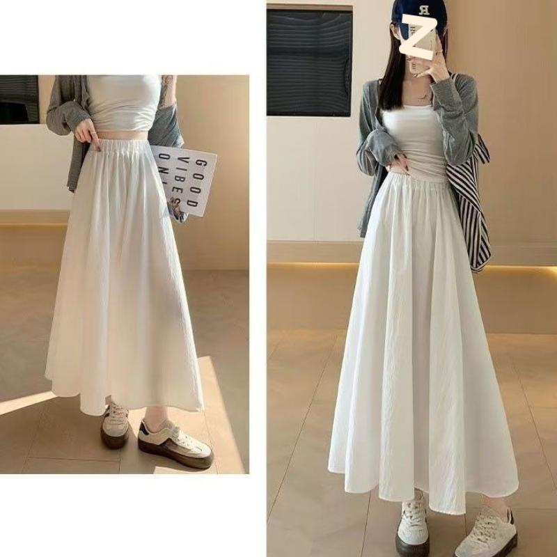 Women's Summer French Style White Half Skirt High-Waisted Elegant Drapey Pleated Skirt Mid-Length A-Line Long Skirt
