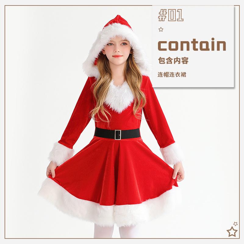2026 Christmas Children's Costume Girls Long Sleeve Red Dress Party Dress Up Santa Claus