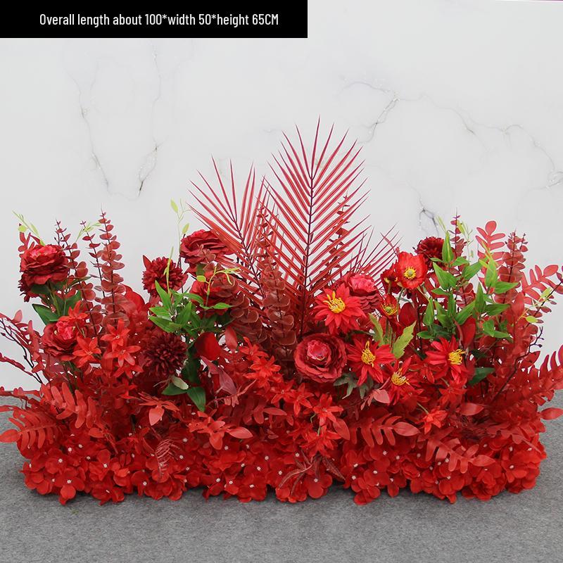 Red Theme Wedding Decoration Set: T-stage, Welcome Area, Ground Row, Aisle, and Flowers in Chinese Style.