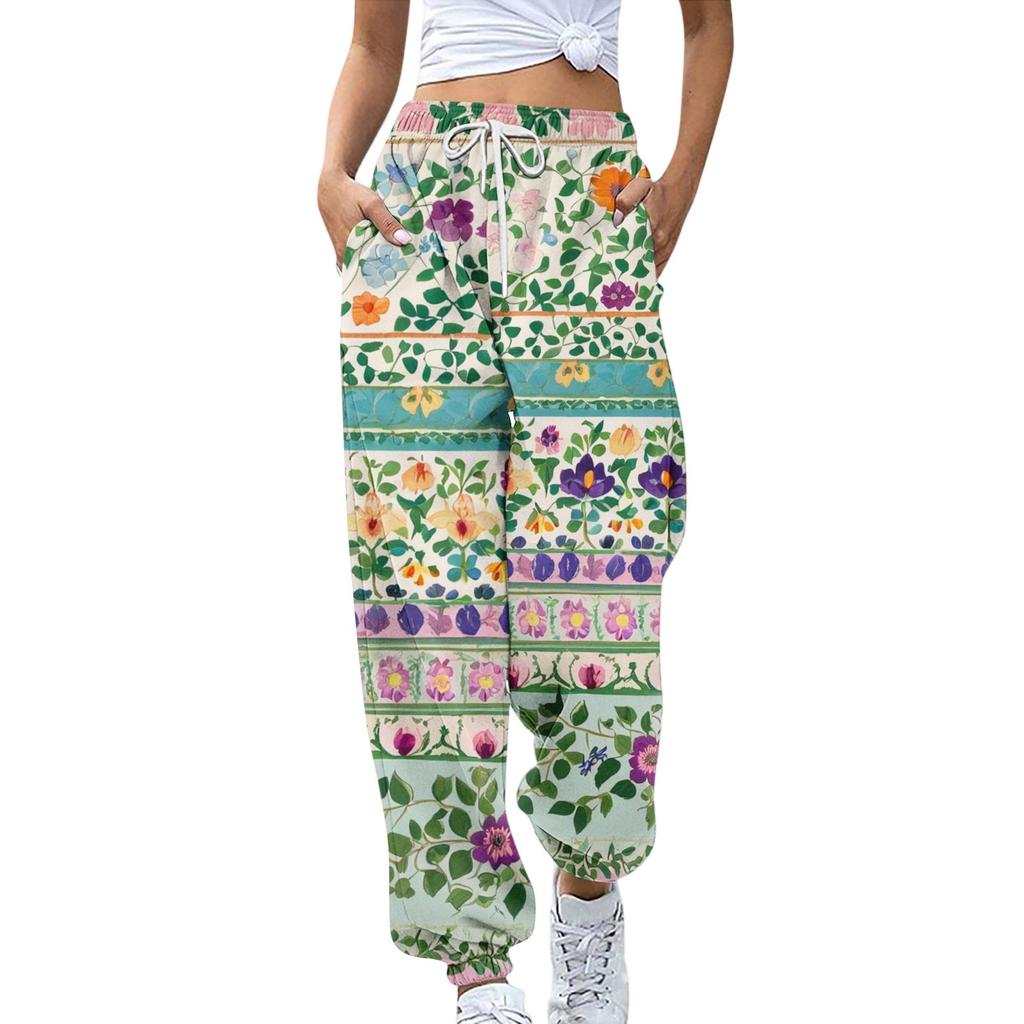 Women's Sports Pants With Pockets Fashion Floral Print Elastic Waist Pants Casual Sweatpants Pants