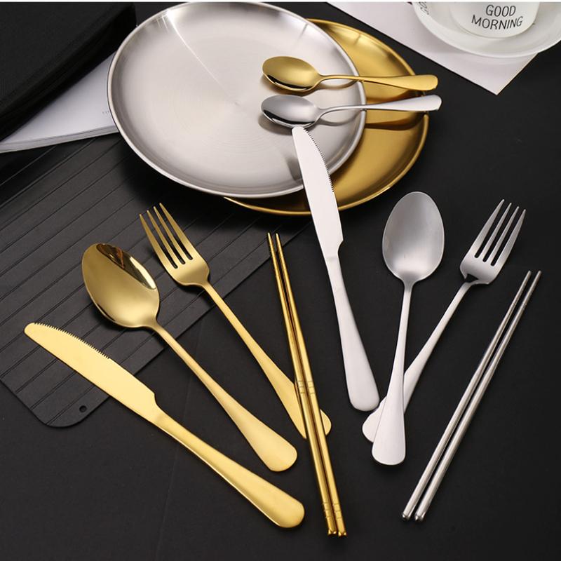 Outdoor Stainless Steel Tableware Set Portable Travel Knife and Fork Camping High-end Barbecue Plate Food Clip Spoon Set
