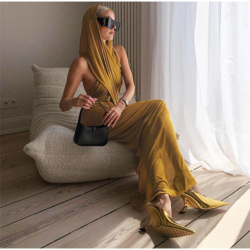 See Through  Hooded Dress Sexy Backless Skinny Long Dresses Female 2023 Elegant Sheath Maxi Vestido Round Neck High Waist Slim Fit One Piece Dress