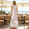 Women U Neck Maxi Sundress,Light Grey Abstract Line Print Dress,Sleeveless Flowy Long Dress,Seaside Casual Apparel