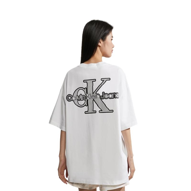 Calvin Klein Letter Print Round Neck Short Sleeve Drop Shoulder T-Shirt Unisex T-Shirt Moonlight-White J400321-YAF