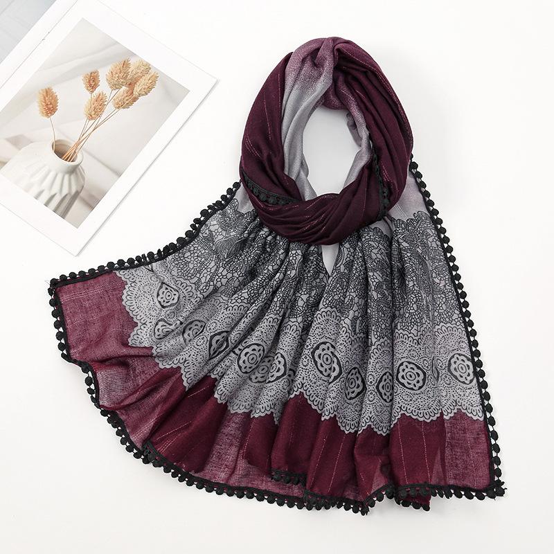 Winter Aztec Lace Floral Pom Pom Cotton Viscose Shawl Scarf Lady High Quality Wrap Pashmina Stole Bufandas Muslim Hijab 180*90Cm