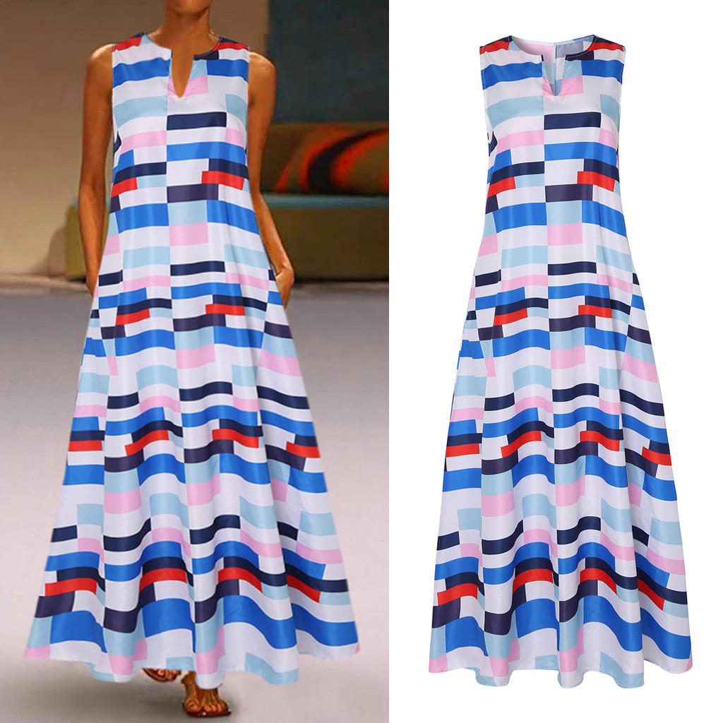 Women Plus Size Print Daily Casual Sleeveless Vintage Bohemian V Neck Maxi Dress