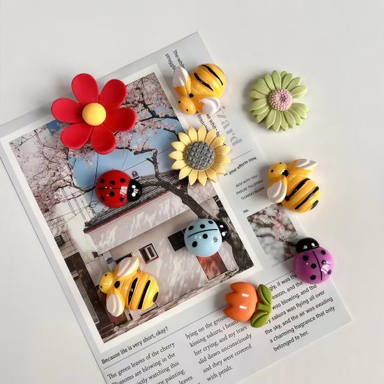 10Pcs Animal Flower Refrigerator Magnet Resin Ladybird Bee Tulip Sunflower Fridge Magnet Home Office Kitchen Whiteboard Locker Decoration Magnet