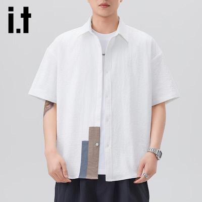 Izzueit Men's Retro Loose Fit Short Sleeve Button-Up Shirt