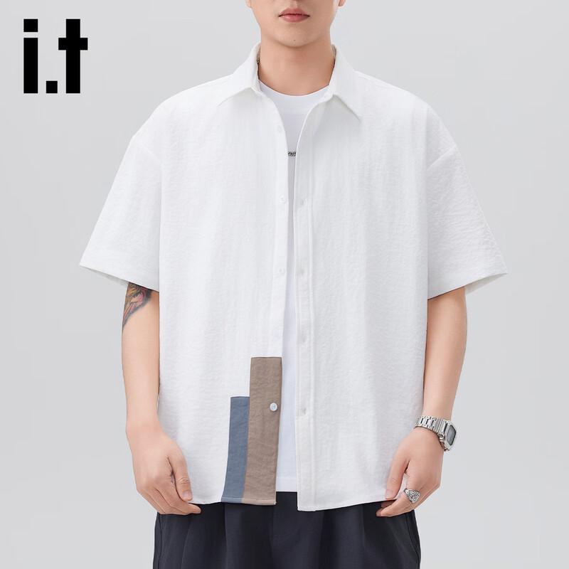 Izzueit Men s Retro Loose Fit Short Sleeve Button-Up Shirt 2XL белый