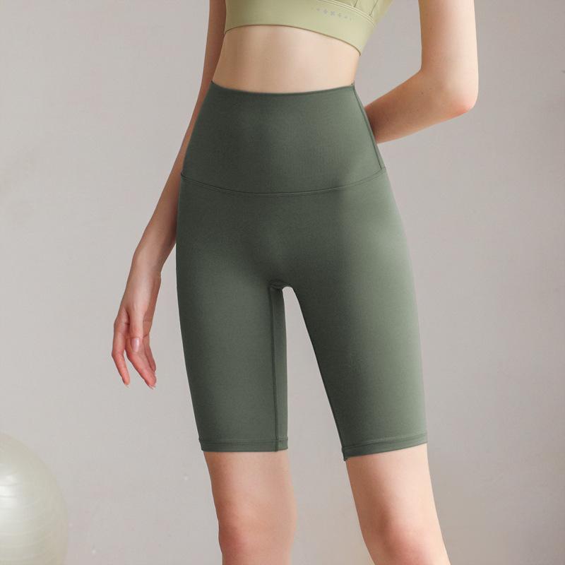 Sports shorts 2025 double-sided brocade nude fitness medium pants high waist slim peach hip sports five-point tight yoga pants women