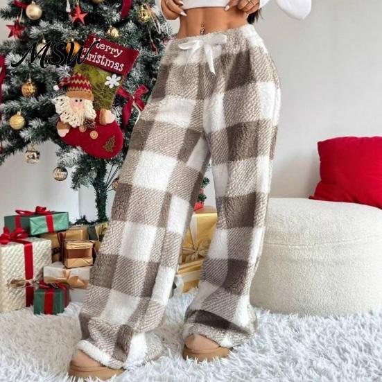 Loose Fit Casual Pants Women Plaid Wide Leg Pants, Drawstring High Waist Thick Coral Fleece Breathable Thermal Lounge Trousers Warm Loungewear,