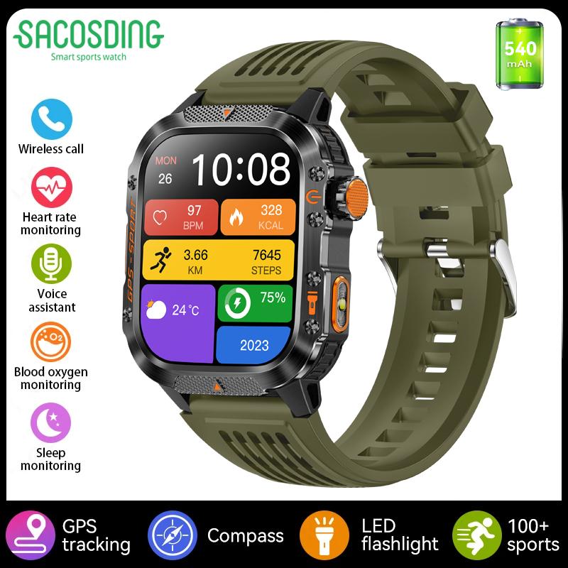 SACOSDING GPS Outdoor Sports Compass BlueTooth Call Smart Watch Waterproof Flashlight Heart Rate Health Smartwatch Information Reminder