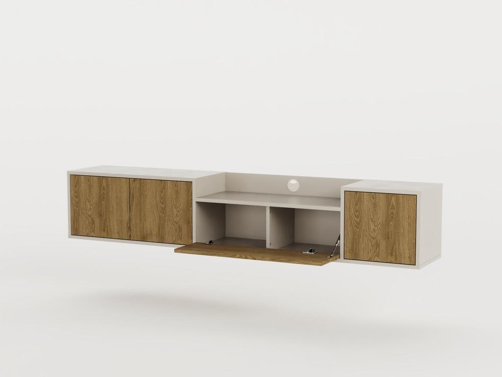 Meuble TV PINELLA – Crème & Chêne Foncé – 3 Portes Battantes, 1 Porte Abattante – 200 X 35 X 37 Cm