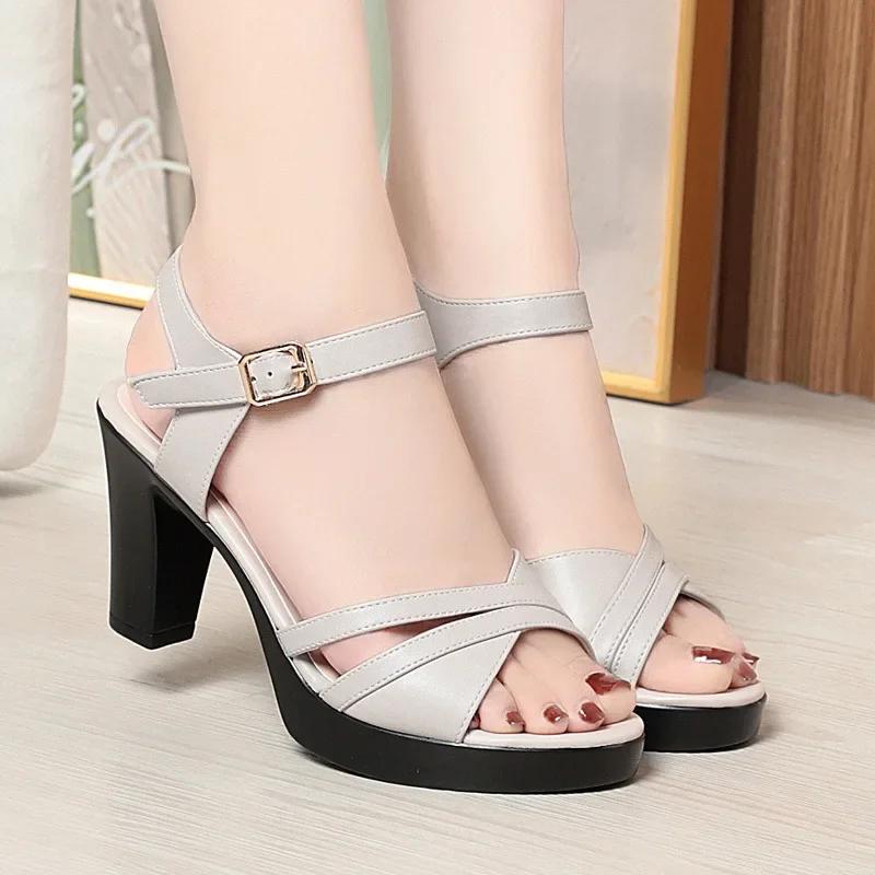 6.5cm 8cm Comfortable Block High Heels Sandals Women Shoes 2025 Summer Soft Leather Platform Sandals for Office Work Mom