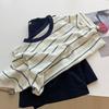 Summer Short-sleeved T-shirt Women's Design Sense Simple American Striped Korean Contrasting Color Round Neck Women's New Top