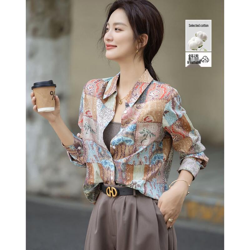 Demana Women s Retro Oil Painting Print Cotton Shirt M