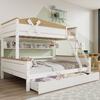 Bunk Bed with Windmill, Shelves, Color-Contrasted Safety Rail, Four-Step Angled Ladder and Drawers, Pine+MDF, White+Natural, 90x200cm&140x200cm