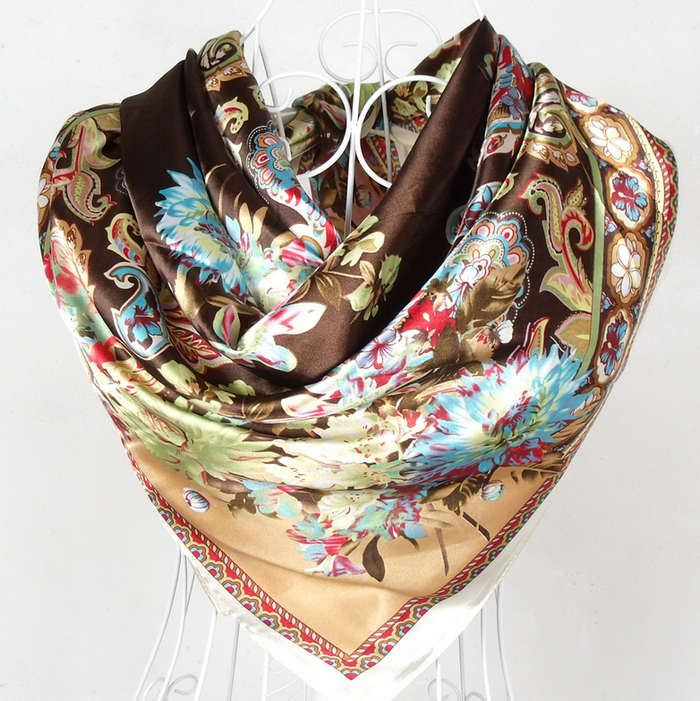 [BYISFA] Ladies Silk Scarf Wraps Europe Style Design Satin Big Square Scarf Printed New Brand Women Blue Silk Scarf  90*90cm