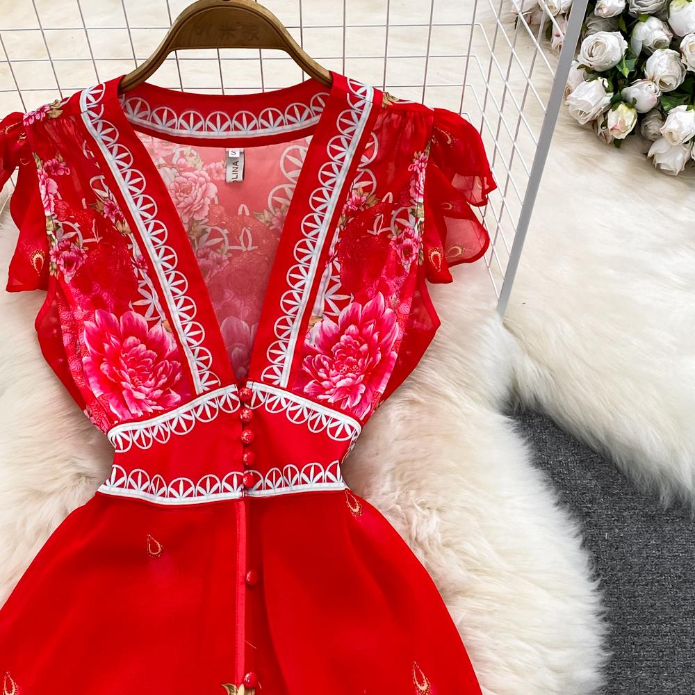 Fashion Runway Print Summer Dresses For Women Deep V Neck Flying Sleeve Single Breasted Split Long Pleated Chiffon Dresses