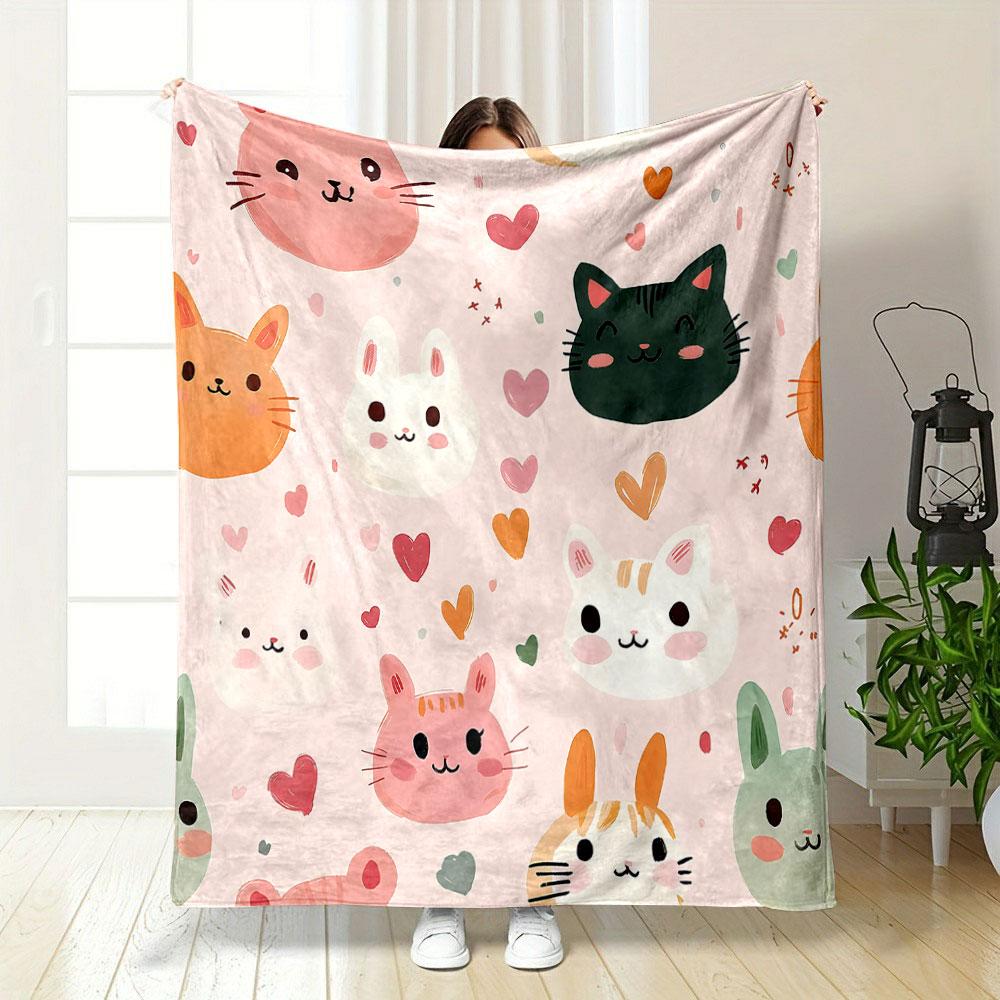 Cute Cartoon Animals with Hearts Pattern Print Blanket Soft and Cozy Perfect for the Living Room Bed Sofa or a Nap,gift