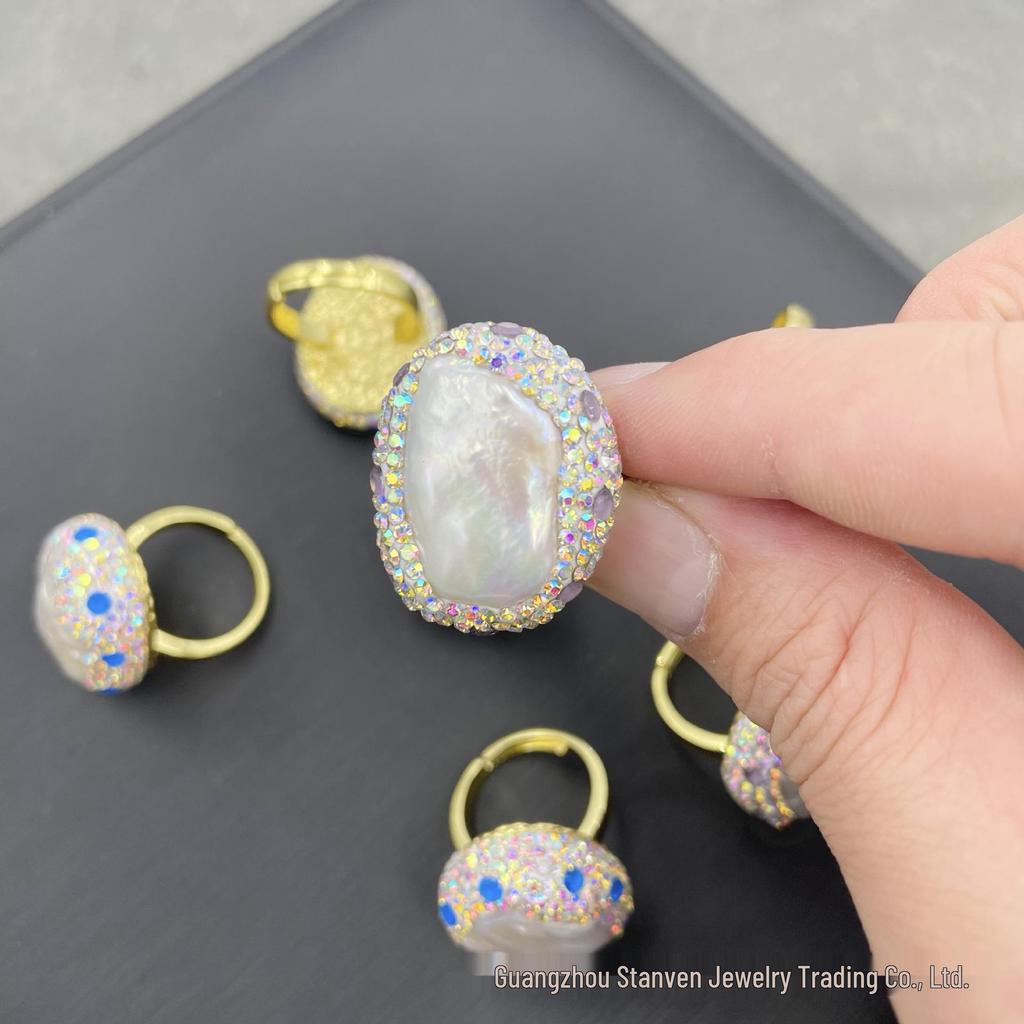 Handmade Irregular Freshwater Pearl & Raw Stone Ring - Elegant Baroque Design with Diamond Accents