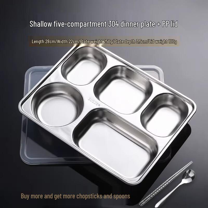 Food Grade 304 Stainless Steel 5-Compartment Meal Tray