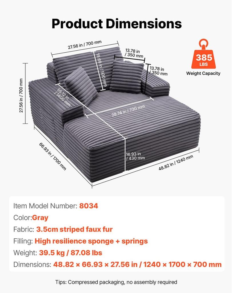 Chaise Lounge Chair, 1240 mm Boneless Chaise Lounge Indoor, Modern Upholstered Oversized Reading Chair with Pillows & Armrests, Sofa Couch Deep Seat