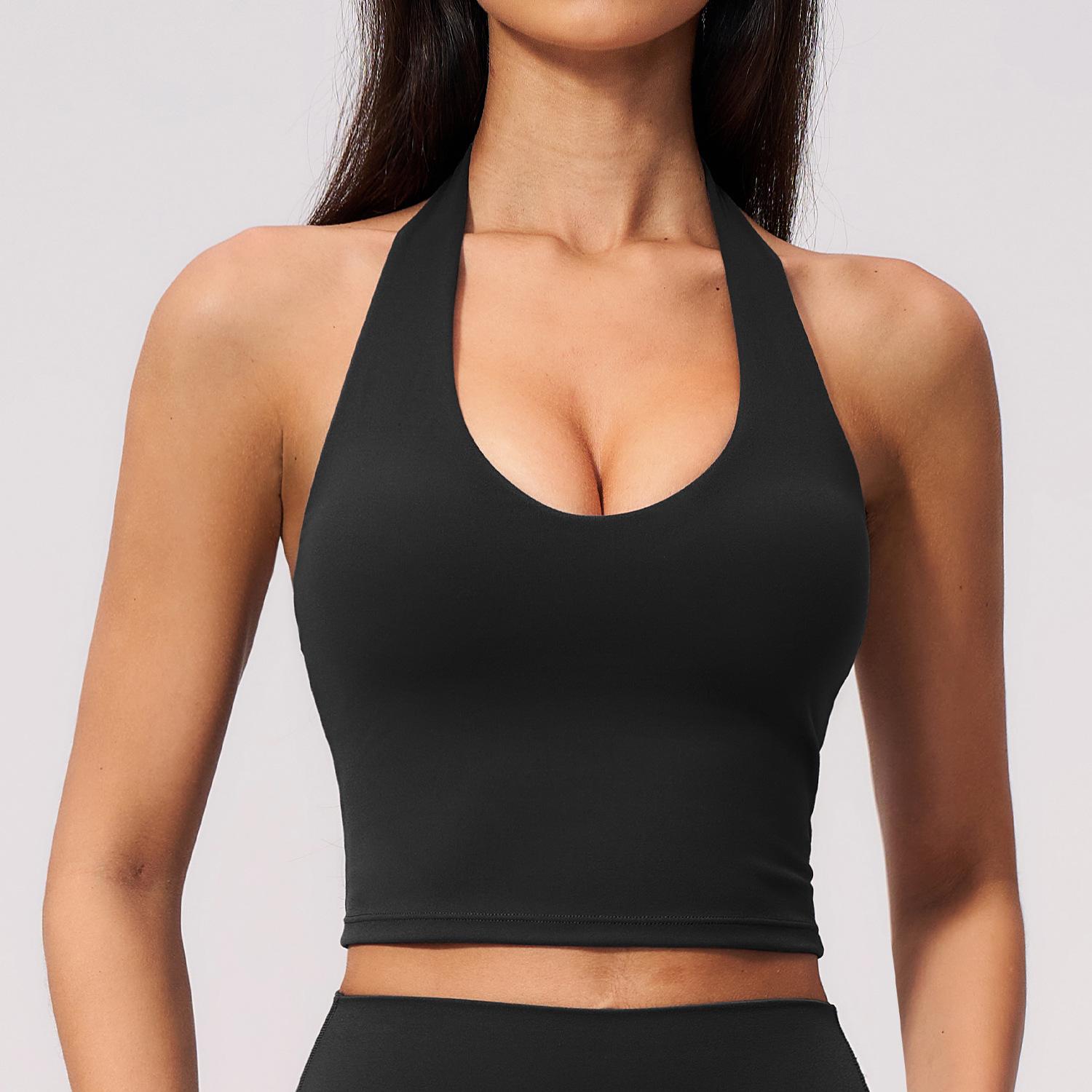 Women s V-Neck Quick-Dry Yoga Tank Top with Halter, Chest Pads, and Stylish Back Straps - Model 5529 Large