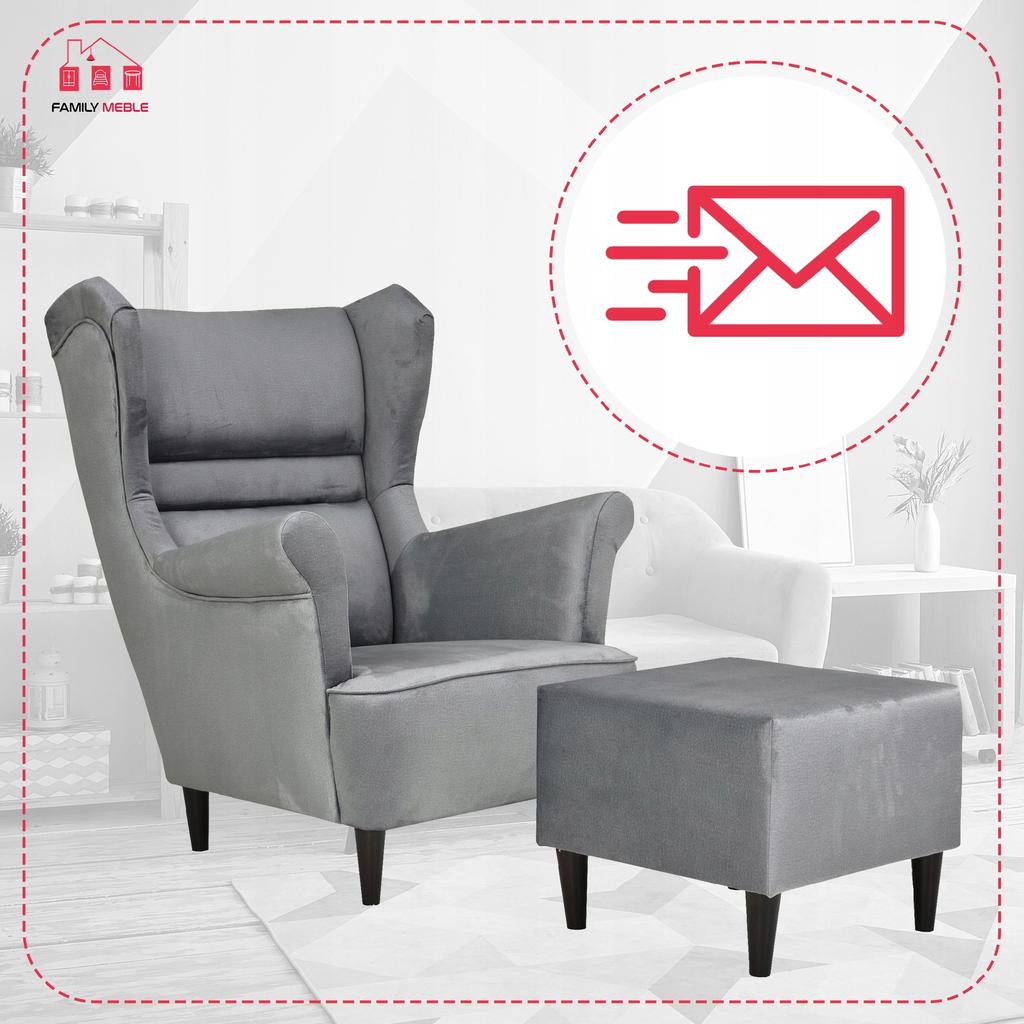 Zoja Wing Chair with Footrest Scandinavian Family Meble Ash Pouf