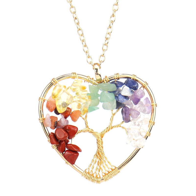 Color-Preserving Gold Hand-Wound Crystal Gravel Peach Heart Tree Of Life Necklace Heart-Shaped Pendant N55