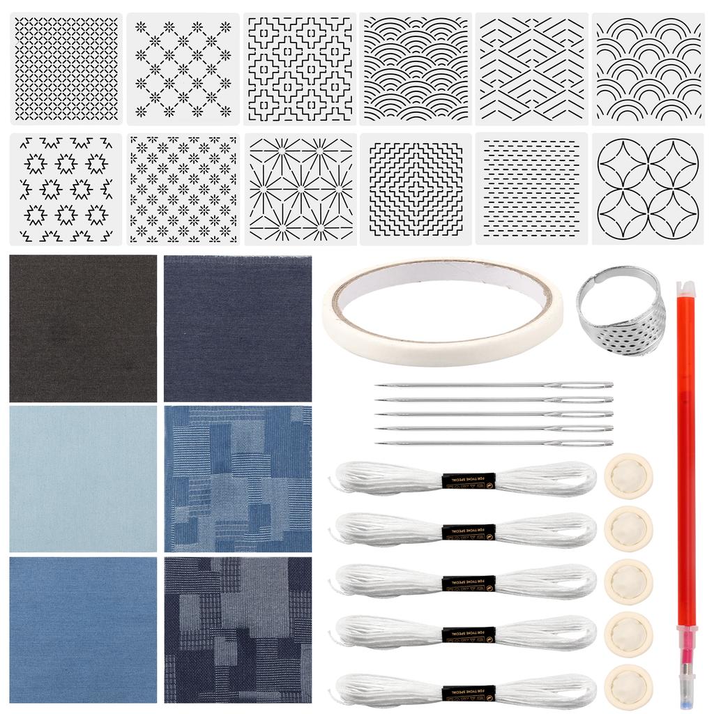 12 Pcs Sashiko Stencils Kit Complete Reusable Sashiko Thread and Needles Thimble Set Denim Fabric Embroidery Kits for Beginners