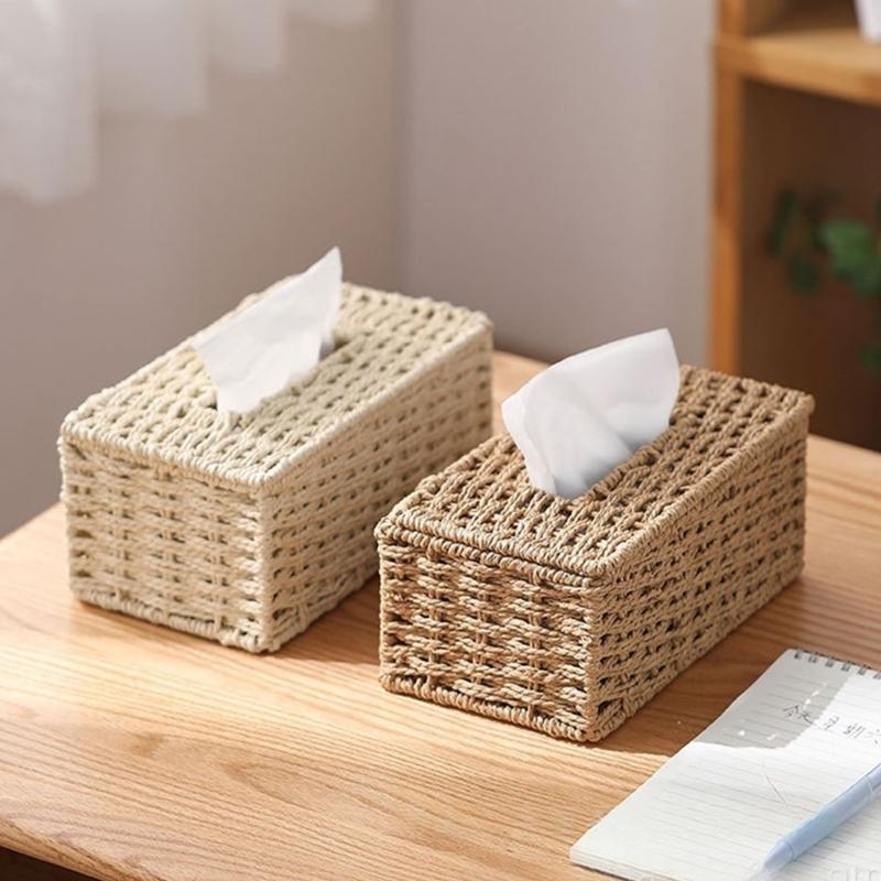 Dispenser di fazzoletti intrecciato a mano in fibra naturale Organizzatori decorativi da tavolo per soggiorno camera da letto Superfici lavabili