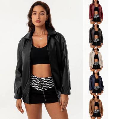 Jachetă din piele la modă, vrac, pentru femei, cu mânecă lungă, cu rever, de primăvară și de toamnă