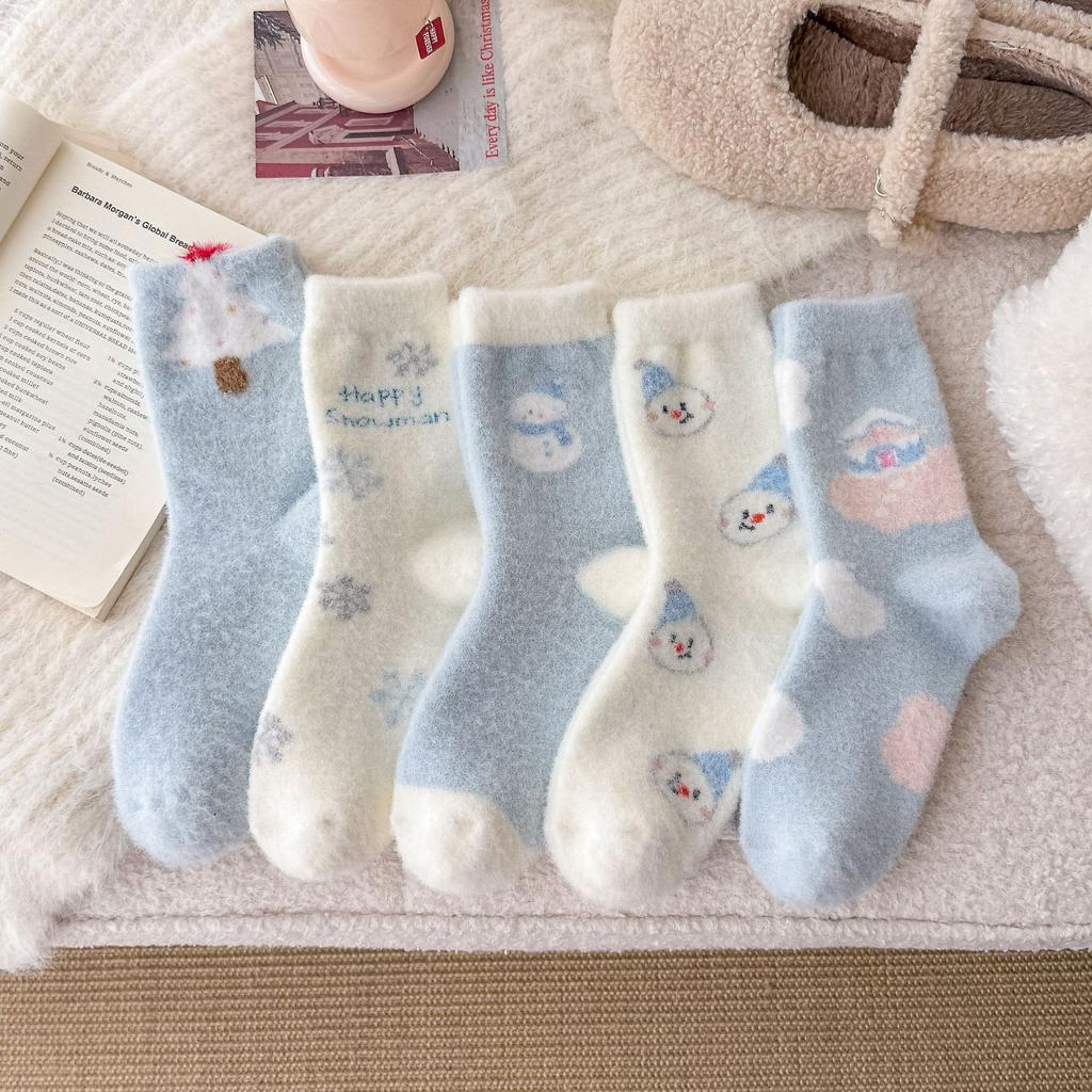 Blue Snowman Australian Velvet Socks Christmas Tree Girl Thickened Warm Confinement Socks Korean Winter Cute Mid-Leg Socks