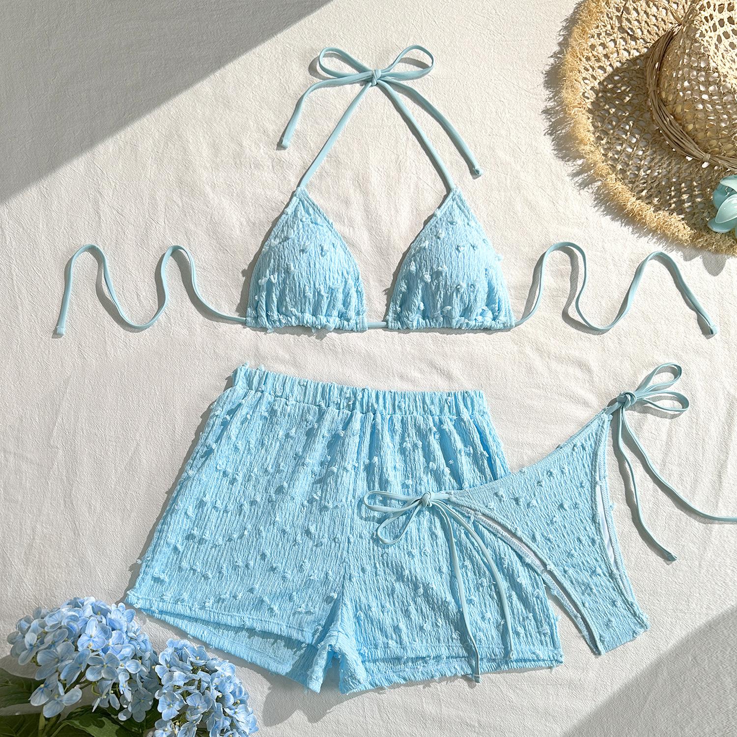 2026 European and American New Fashionable and Sexy Three-piece Bikini Solid Color Neck Strap Swimsuit Women S