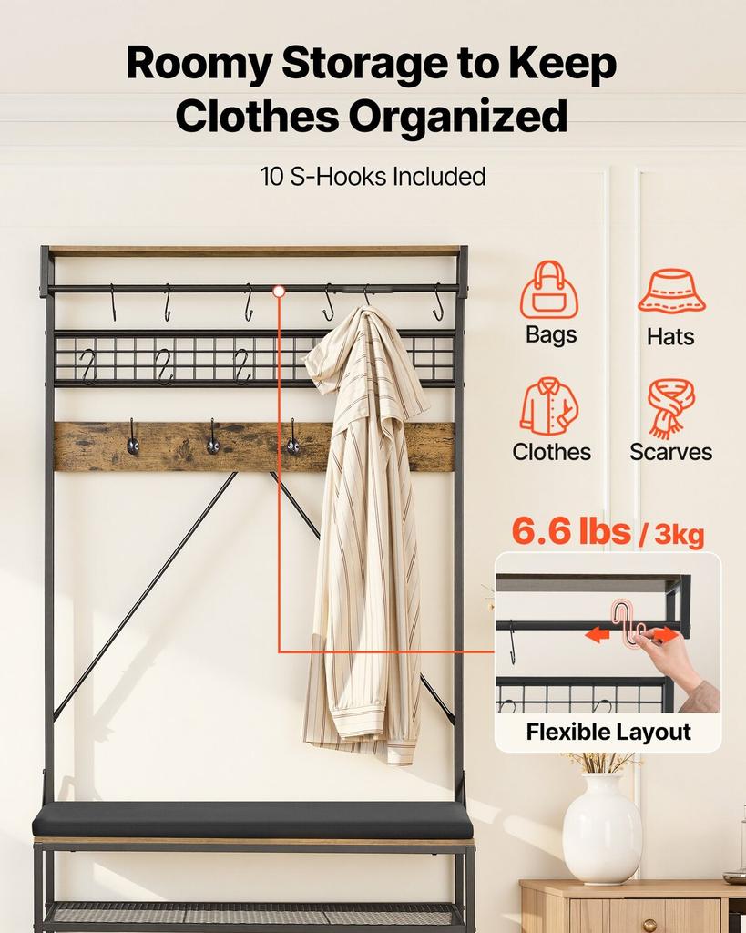 Hall Tree, 1830 mm Coat Rack with Shoe Bench, 2-Tier Freestanding Shoe Rack Storage Organizer with Hooks, Hanging Rod and Wire Shelf, Steel Frame