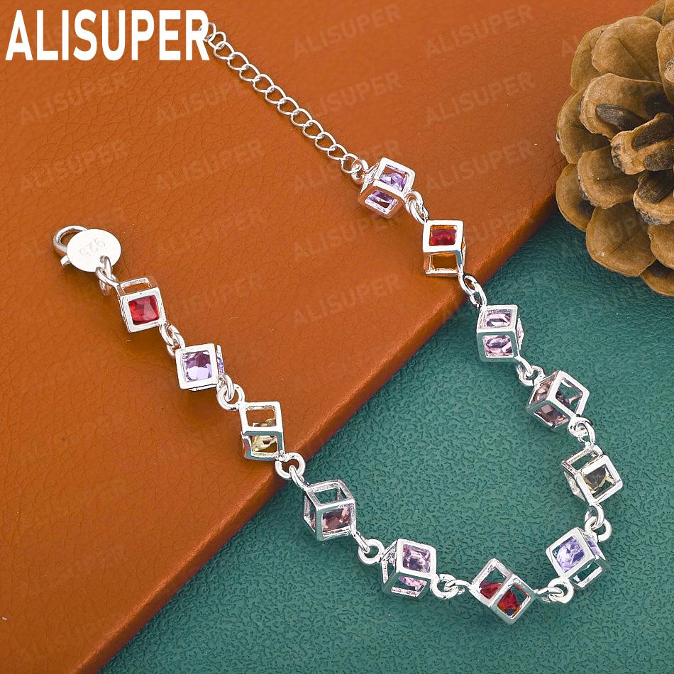 925 Sterling Silver 3d Hollowed-Out Square Bracelet Set With AAA Zircon - Romantic Gift Jewelry 20cm