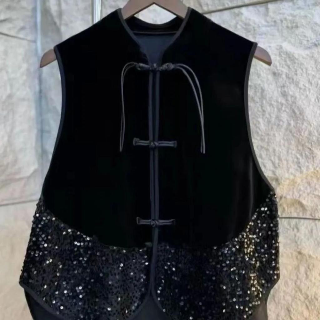 Damen Chinesischer Stil Design Gespleißte Pailletten Ärmellose Weste