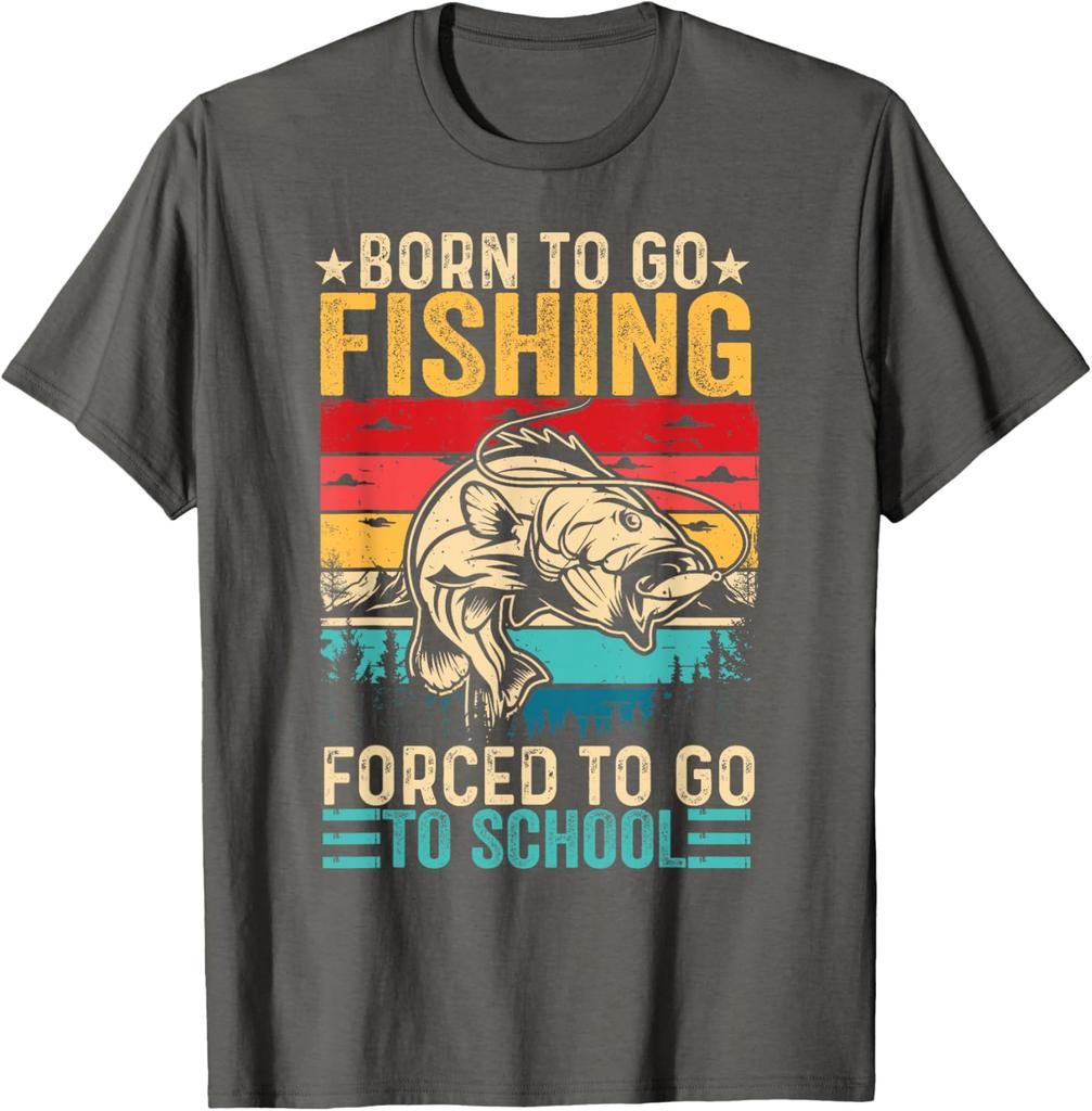 Born To Go Fishing Forced To Go School Graphic TShirt Retro Sunset Lake Trees Men Casual Tee