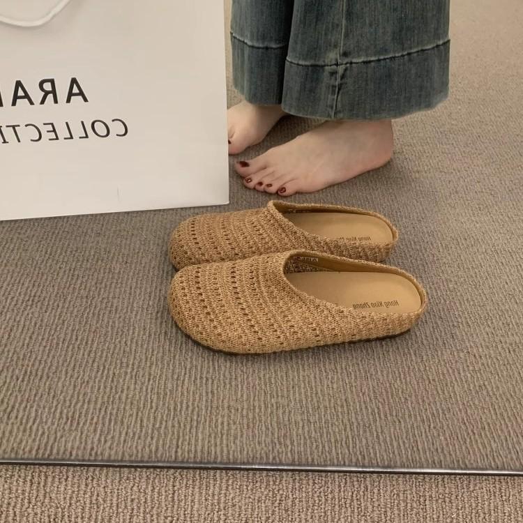 French Niche Hand-woven Hollow Breathable Bag Head Half Slippers Women's Summer Wear Roman Style Thick-soled Boken Shoes