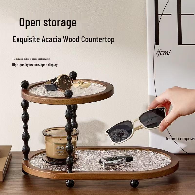 Vintage Light Luxury Acacia Wood Double-Layer Storage Rack for Home Countertop - Solid Wood Organizer for Cups & Cosmetics