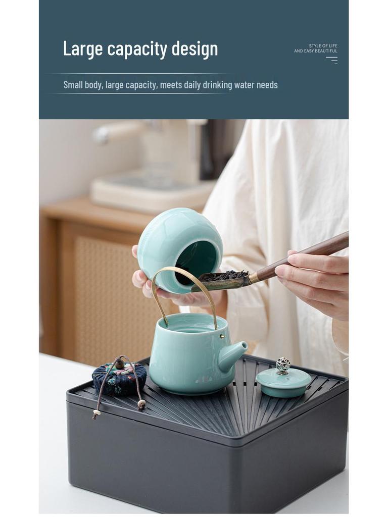 Portable Ceramic Kung Fu Tea Set: Teapot with Handle and Four Cups for Travel and Business Gifting