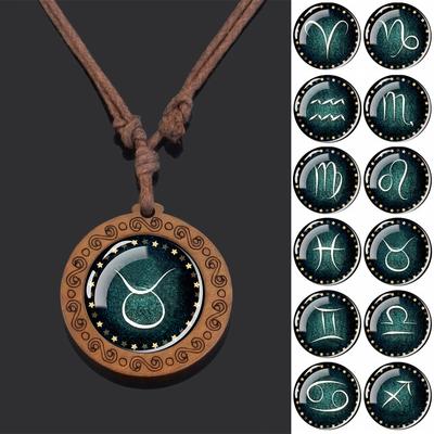 12 Tierkreiszeichen Sternbild Halsketten Glasdom Vintage Holzanhänger Seilkette Halskette für Damen Herren Schmuck Geburtstagsgeschenk