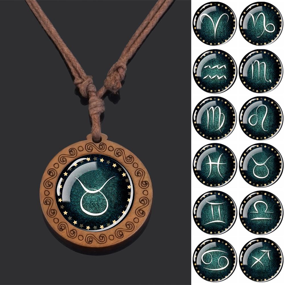 12 Zodiac Signs Constellation Necklaces Glass Dome Vintage Wooden Pendant Rope Chains Necklace for Women Men Jewelry Birthday Gift